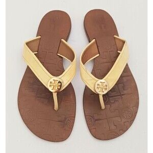 Tory Burch Thora Thong Sandal Yellow Patent Gold Logo Embossed Leather Insole 7M